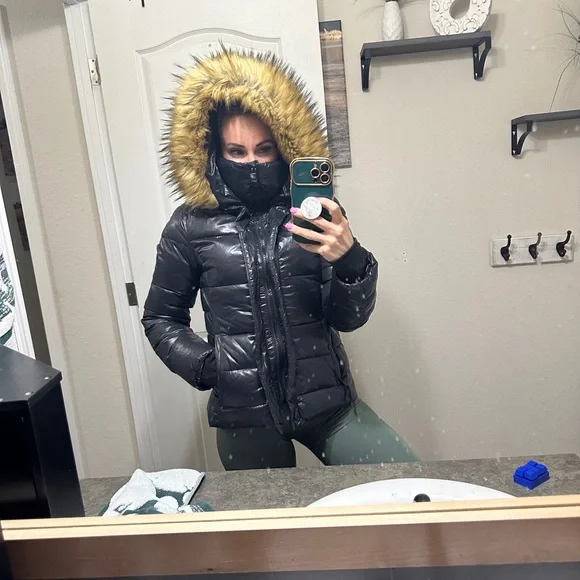 Women's Black Bomber Jacket with Faux Fur Hood - Picture 6 of 7